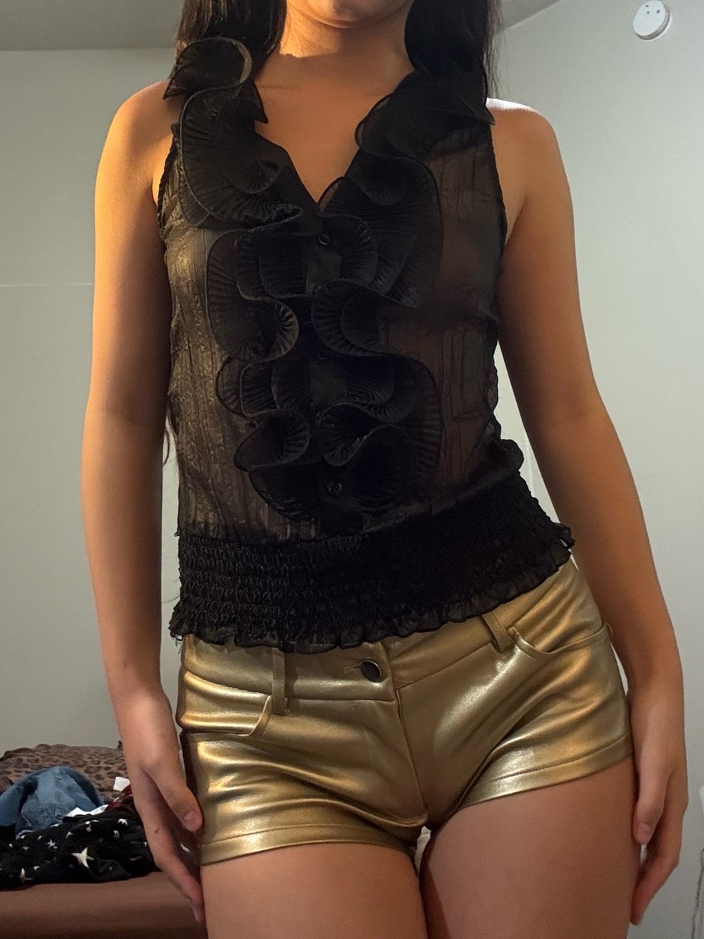 Black Ruffle Sheer Sleeveless Top - Women